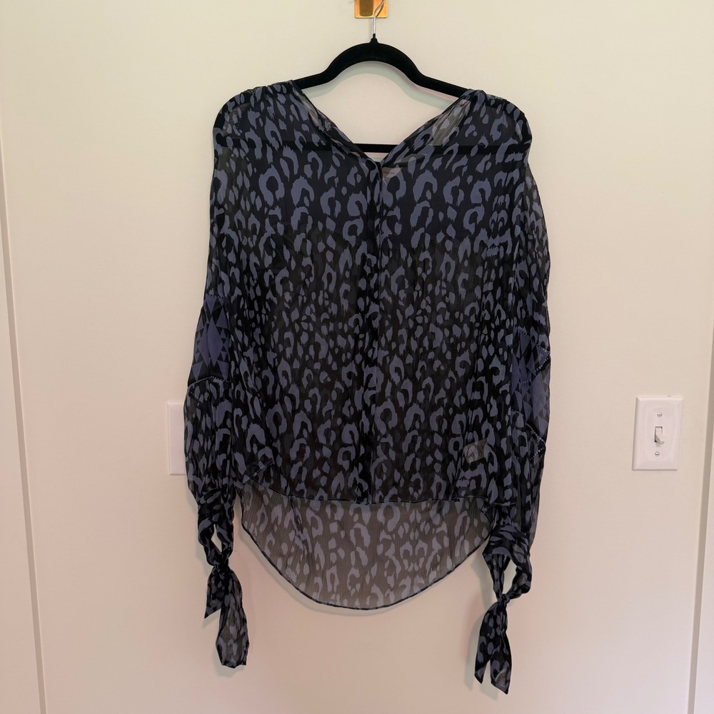 Rebecca Taylor Blue Black Leopard Geometric Print Silk Blend Tie Cuff Blouse 12